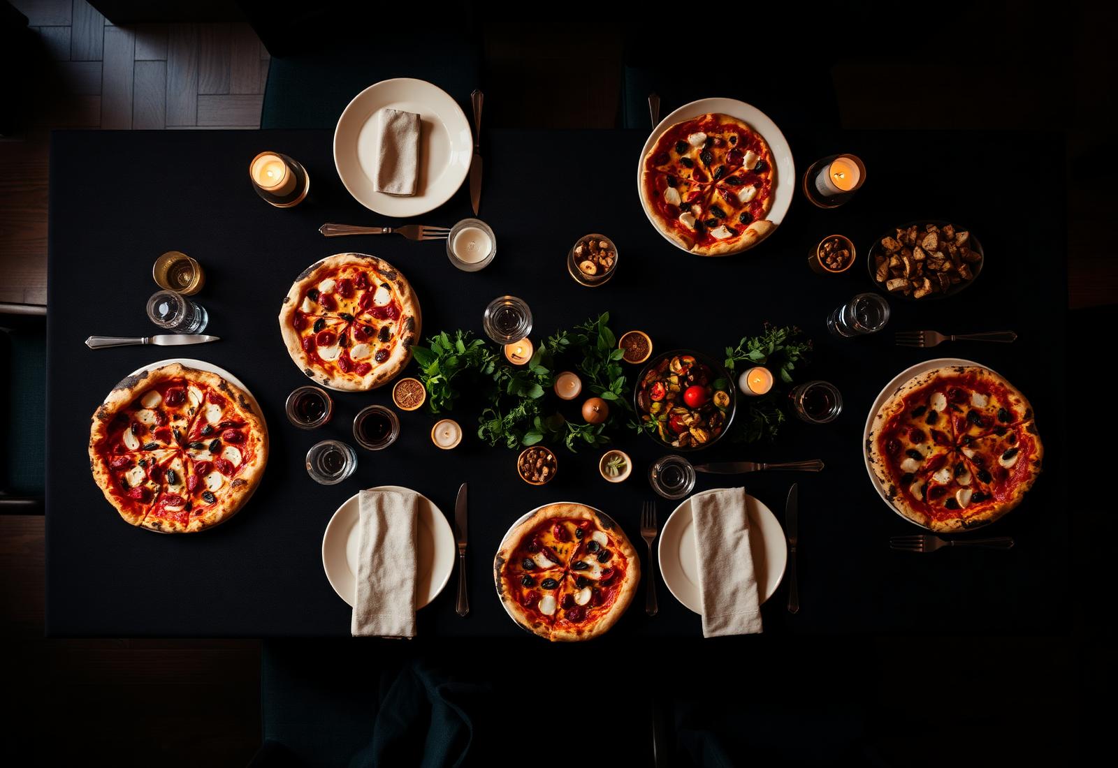 Long communal table at BRACE Federal Hill mid-toast, guests laughing over shared pizzas and wine.