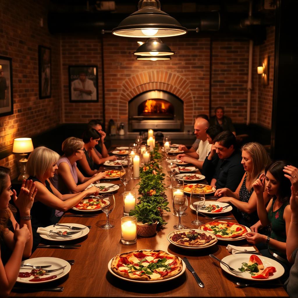 Semi-private dinner at BRACE Federal Hill, about twenty-four guests at a long oak table, candles down the center, wood-fired oven glowing behind exposed brick.