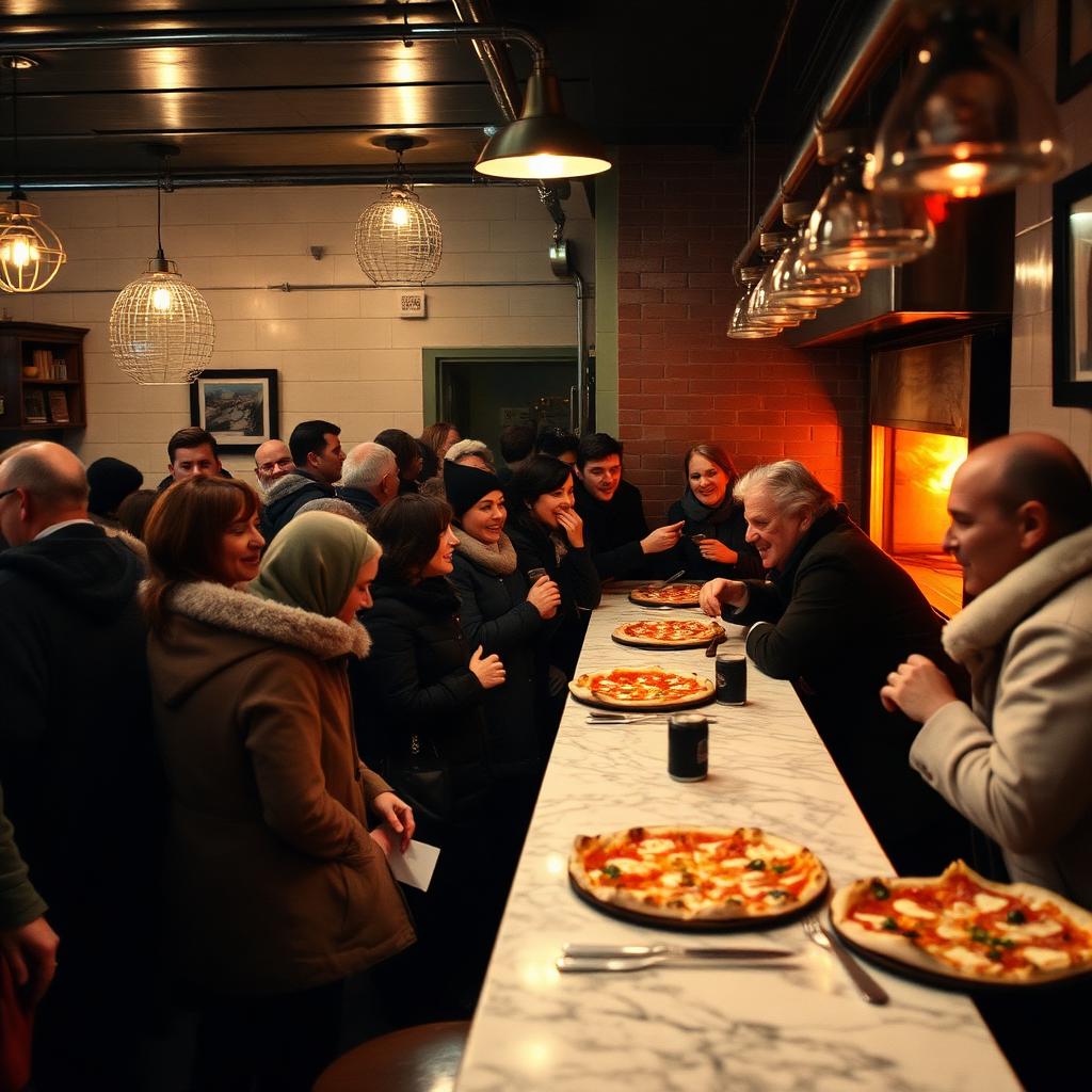 A full buyout in progress at BRACE Wickenden, about forty guests laughing along the marble counter, wood-fired pizzas mid-serve, the oven glowing orange in the back.