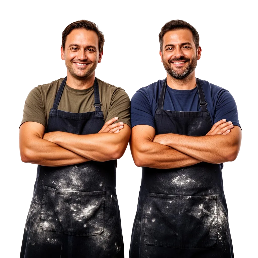 The owners of BRACE standing arms-crossed in flour-dusted aprons.