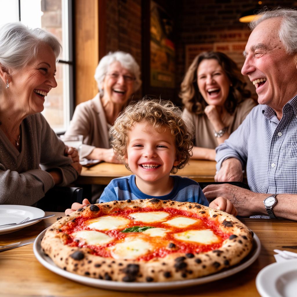 Family of five laughing over a Margherita pizza at BRACE Wickenden.
