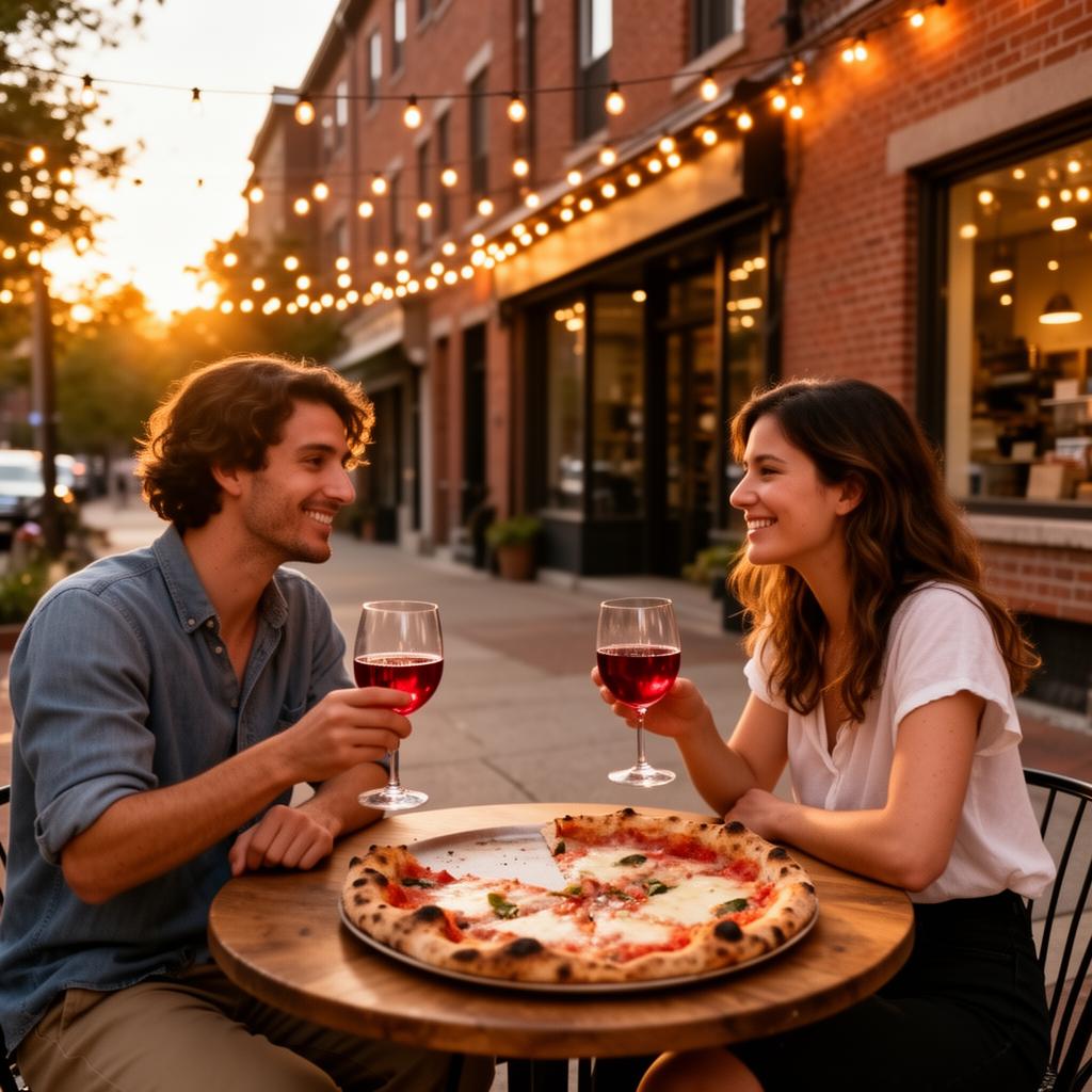 Two friends at a sidewalk patio two-top on Atwells Avenue, Lambrusco glasses, half-eaten pie, string lights overhead.