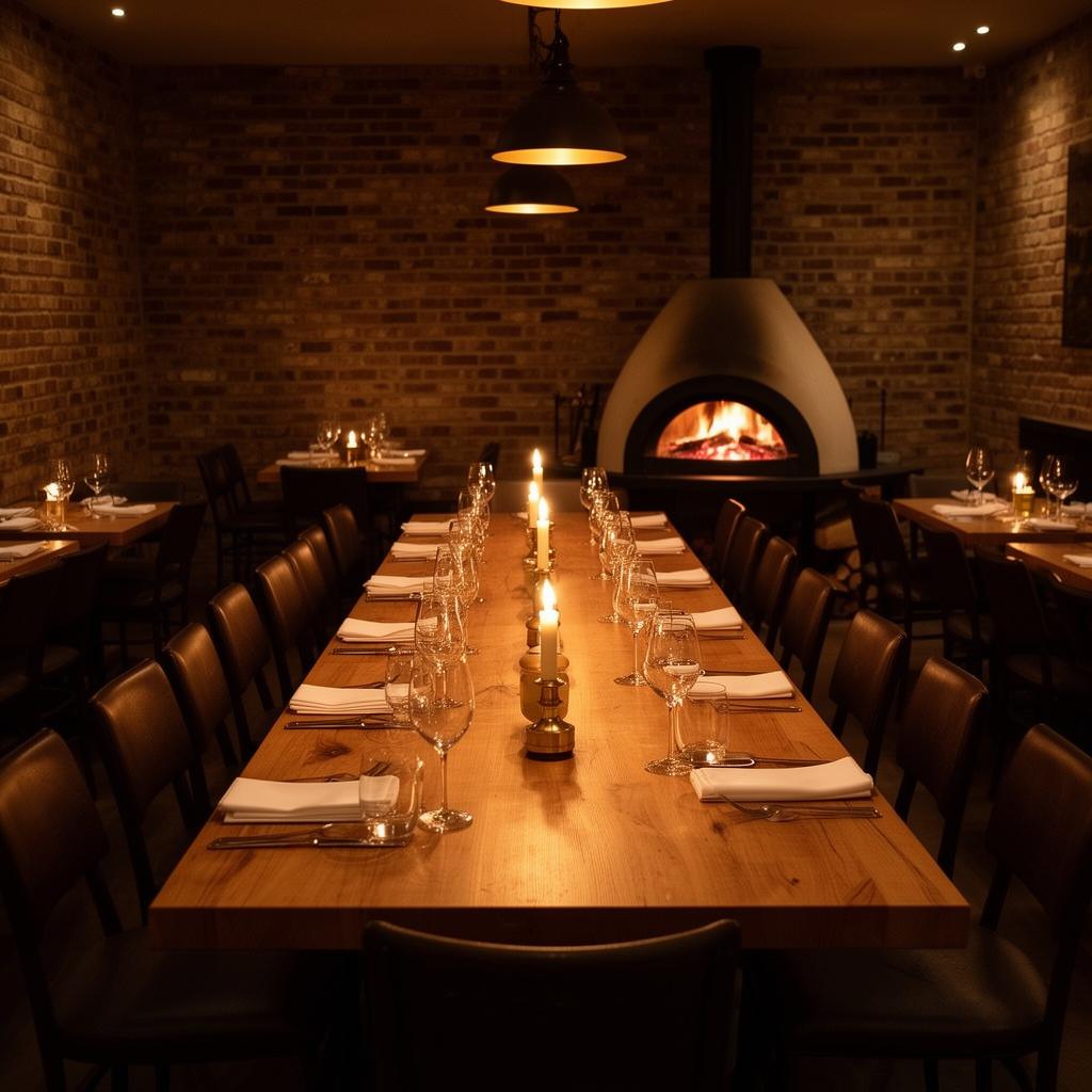 The semi-private room at BRACE Federal Hill set for a long-table dinner of about twenty, candles down the center, wood-fired oven glowing at the back.