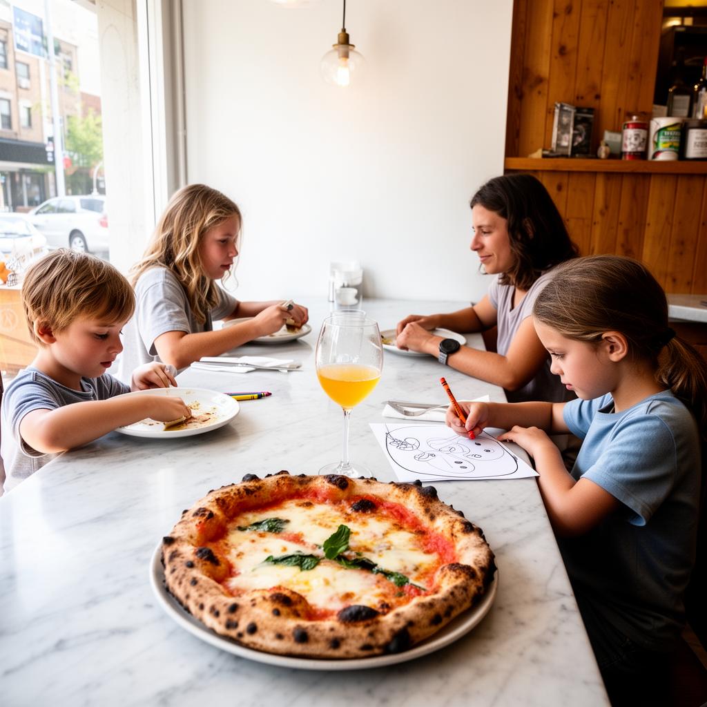 A family of four at the marble counter at BRACE Wickenden, a wood-fired pizza between them, kids with crayons, daylight pouring in.