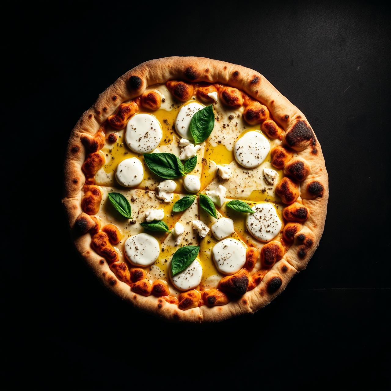 Bianca pizza with bufala mozzarella, ricotta, basil and EVOO.