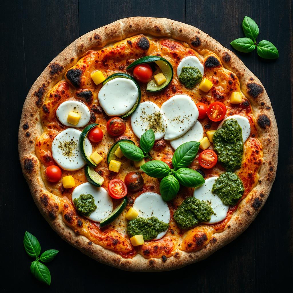 Garden pizza with zucchini, sungold tomatoes, corn, fior di latte, and basil pesto.