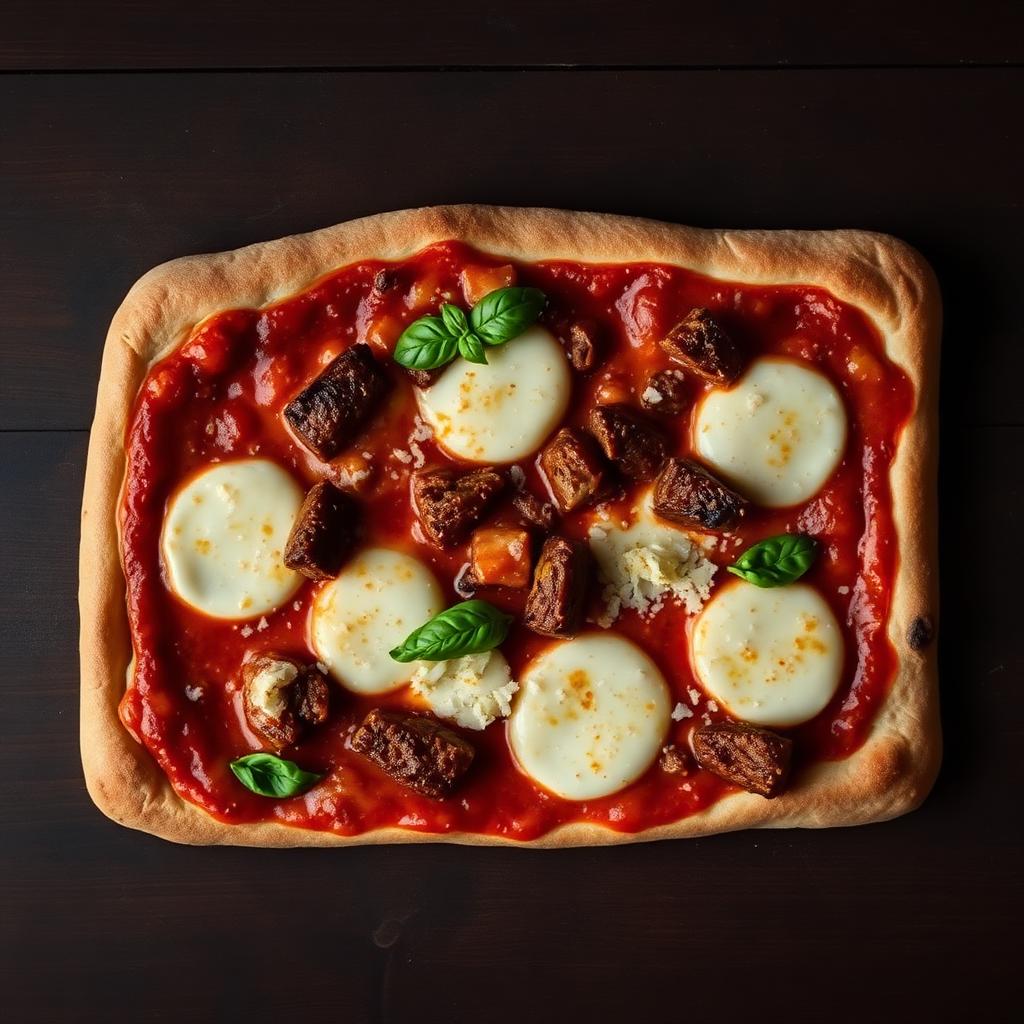 Sunday Gravy pan pizza with braised pork and beef, fior di latte, and basil.