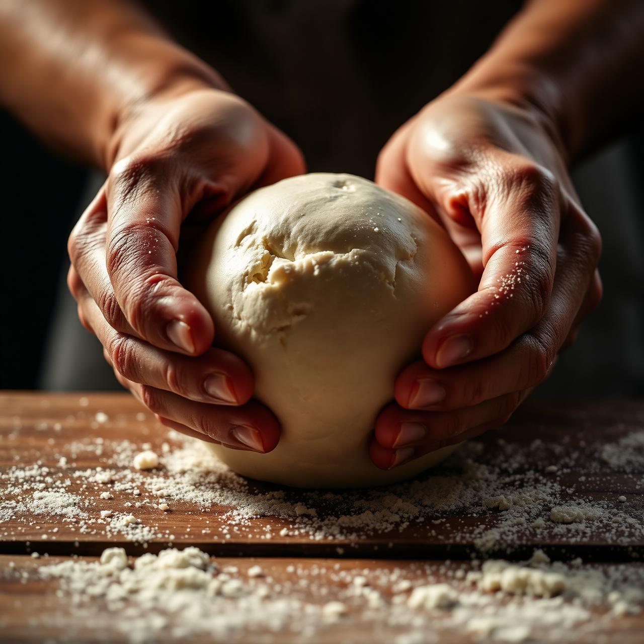 Hands shaping a ball of high-hydration pizza dough on a flour-dusted bench.