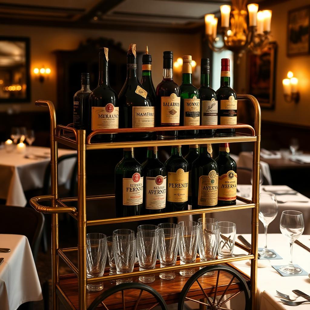 The brass and walnut amaro cart at BRACE, sixteen Italian amaro bottles on two tiers, etched glasses beneath, candlelit dining room behind.