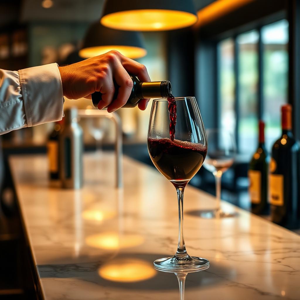 A sommelier's hand pouring a ruby red Italian wine into a Zalto-style glass at the marble bar at BRACE.
