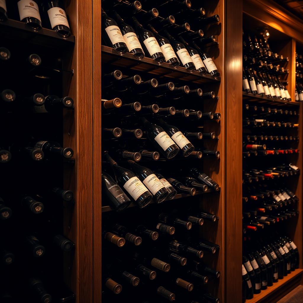 Densely packed oak racks of Italian wine bottles, warm low-key lighting in the BRACE cellar.